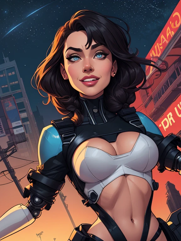 CharacterCartoon style digital illustration female GTA style in Cartoon style digital illustration artgerm style cartoon image of a woman .Ilustra??o estilo desenho animado, estilo de arte dos desenhos animados, Ella Purnel lestilo Cartoon style digital illustration artgerm style cartoon art style, digital illustration style, design de personagens altamente detalhado, arte digital detalhada coragem, Forest fan art, Design de personagens de retrato, beautiful digital illustration, retrato de alta qualidade, Arte em quadrinhos, mulher jovem cabelo com transas lindas . Beautiful lined eyes Medium large bust and wonderful sexy clothes. image expression of sexual desire from the waist to the illustration Ella Purnellstyle Cartoon style digital illustration style Cartoon style digital illustration style GTAblonde, French braid in hair, cabelo caindo, sci-fi, metal brilhante, robot, half robot, seios grandes, seios enormes, seios enormes, guerreiro, guerreiro queen, , sorriso, Feroz sorriso, Feroz, Ouro, Ouroen, bright Ouro, futurista, ciberpunk, ciberpunk police, ciberpunk police officer, uniforme policial, Seios cobertos, fechar-se, jaqueta, noiteWIDE ANGLE LENSE