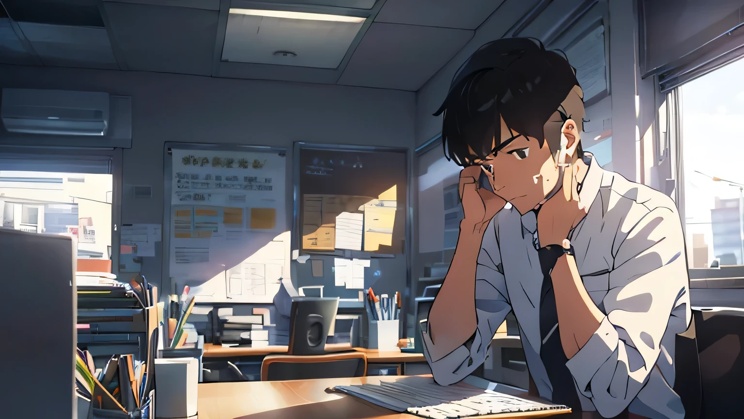 A male office worker in his 20s sitting alone at his desk in the office, holding his head in worry