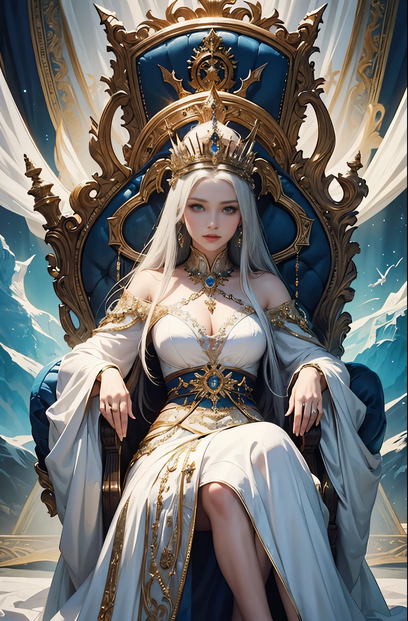Very beautiful Caucasian woman in her 20s、Queen of Exiles、The majesty of the queen, Painting of a woman in a white dress sitting on a throne, Detailed fantasy art, Fantasy style art, Mohrbacher's artistic style, Fantasy Art Illustration, Karol Baak and Peter Mohrbacher, Fantasy Art Behance, Beautiful fantasy art, Fantasy art style, Digital fantasy art ), by ヤン・J, Fantasy Woman, Detailed fantasy digital art