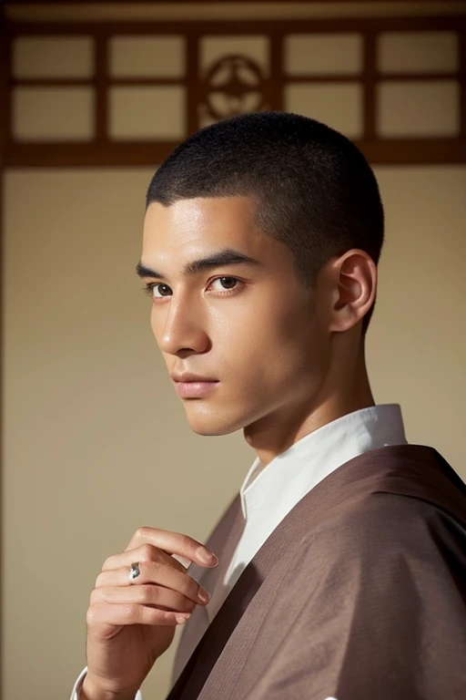 ((Top quality)), ((Masterpiece)), (Illustration) Beautiful man is a monk in Japan, beautiful eyes, shaved head, moon ring, worshiping figure