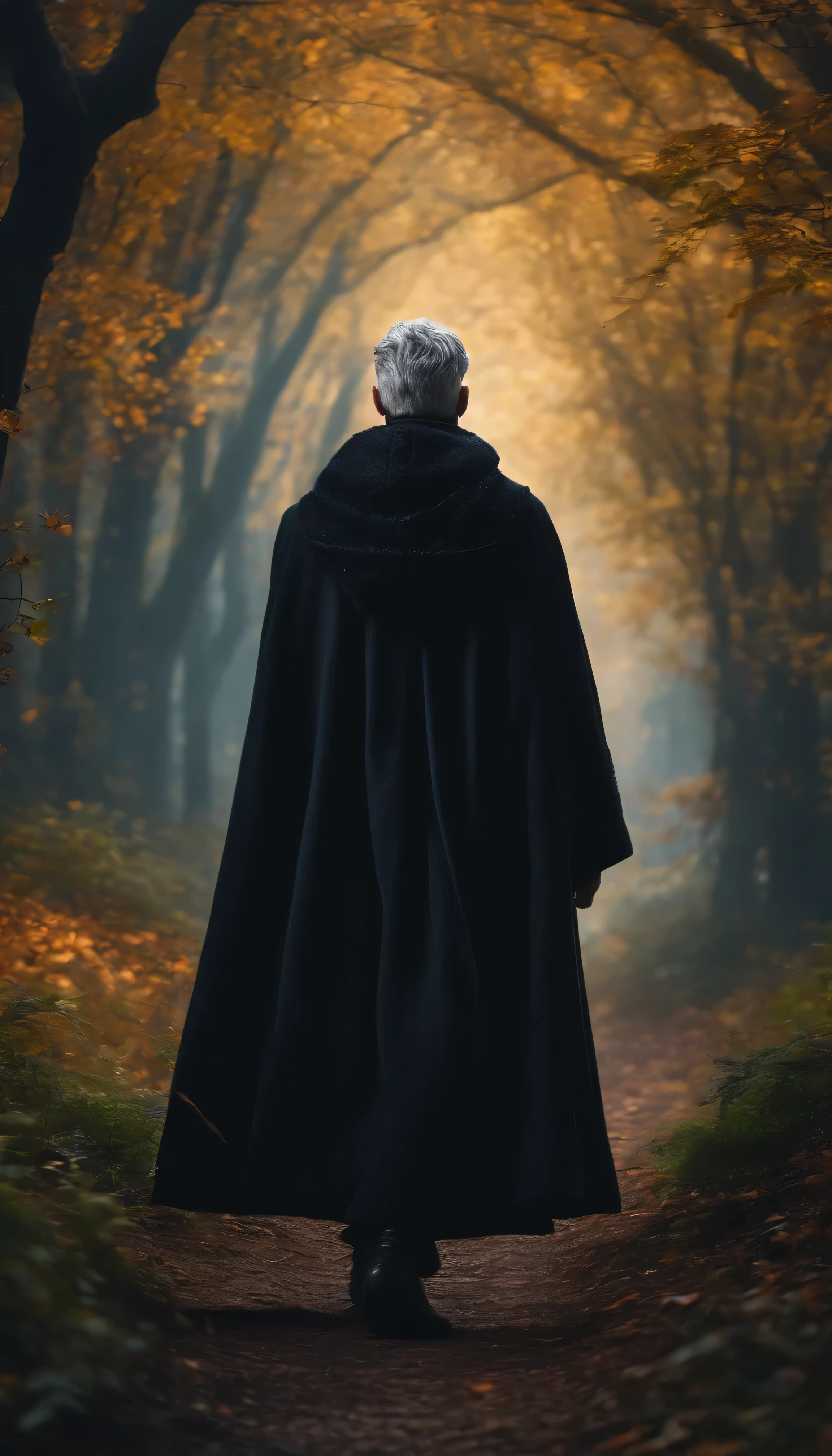 8k, a young tall male with grey short hair wizard wearing black clothes from behind casting spell from his hand in the medieval forest background