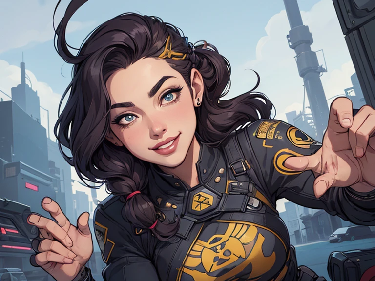 CharacterCartoon style digital illustration female GTA style in Cartoon style digital illustration artgerm style cartoon image of a woman .Ilustra??o estilo desenho animado, estilo de arte dos desenhos animados, Ella Purnel lestilo Cartoon style digital illustration artgerm style cartoon art style, digital illustration style, design de personagens altamente detalhado, arte digital detalhada coragem, Forest fan art, Design de personagens de retrato, beautiful digital illustration, retrato de alta qualidade, Arte em quadrinhos, mulher jovem cabelo com transas lindas . Beautiful lined eyes Medium large bust and wonderful sexy clothes. image expression of sexual desire from the waist to the illustration Ella Purnellstyle Cartoon style digital illustration style Cartoon style digital illustration style GTAblonde, French braid in hair, cabelo caindo, sci-fi, metal brilhante, robot, half robot, seios grandes, seios enormes, seios enormes, guerreiro, guerreiro queen, , sorriso, Feroz sorriso, Feroz, Ouro, Ouroen, bright Ouro, futurista, ciberpunk, ciberpunk police, ciberpunk police officer, uniforme policial, Seios cobertos, fechar-se, jaqueta, noite