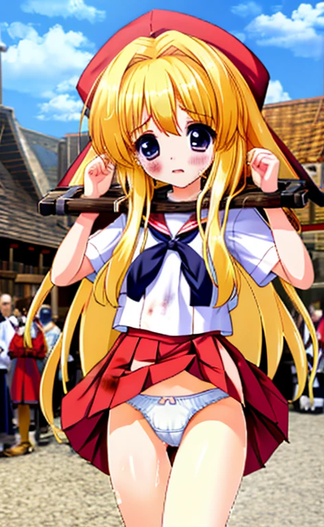 White panties Girl in a sailor suit Pleated skirt mini skirt Beautiful long blonde hair Embarrassing Tears overflow from my eyes pillory dirty walking in the crowd Medieval town