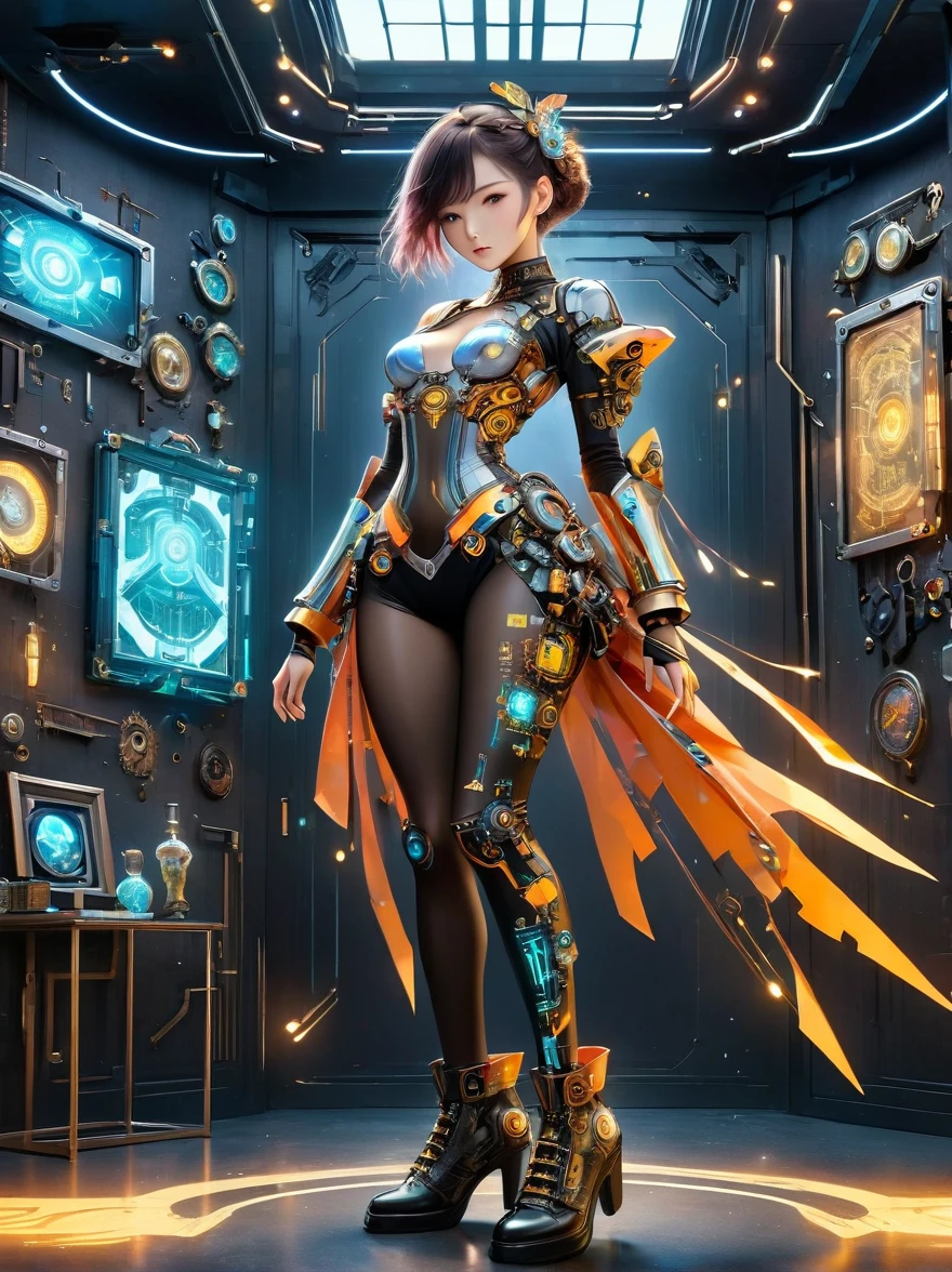 Beautiful female mecha, Translucent mech, Iridescent neon color wiring diagram and LEDs all over face and body, Photo frames and backgrounds mixed and fused with steampunk, Cyberpunk and Clockpunk, Background Analysis Room, (Full body shot), (Mechanical shoes:1.2), (Black laser stockings), Super Fine, Unbelievably ridiculous, Extremely detailed, Delicate and dynamic, Surrealism, rococo style, Cubist Futurism, Futurism, first-person view, pov, (cowboy shot:1.7), (anatomically correct), best quality, 8k, UHD, masterpiece, ccurate, textured skin, super detail, award winning, best quality