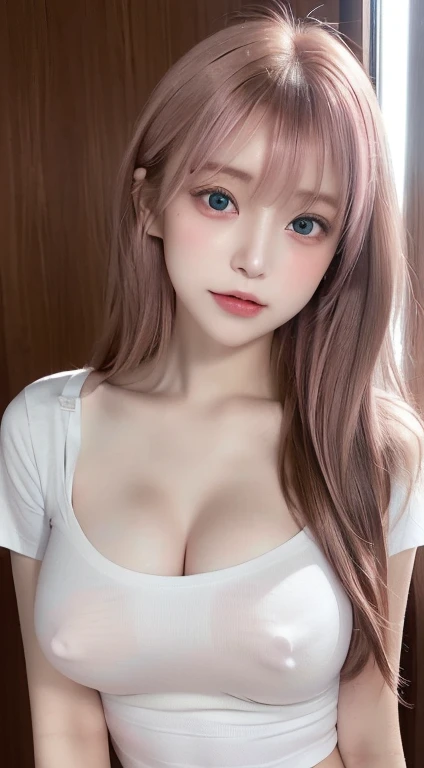 1 female,　18-year-old female、Pink Hair, Blunt bangs, Hair behind the ear, Hair that falls over the shoulders, Long Hair, Ultra Fine Face, Embarrassed expression、Thin face, Sharp contours、Delicate lips, (Beautiful Eyes:1.5), Lightly reddish, (The eye color is light brown:1.5),See this,Sexy pose、Small breasts、 Ultra-fine needle, very thin fingers, The optimal ratio is four fingers to one thumb., (A thin, tight-fitting white T-shirt:1.5)、(The nipples are clearly visible:1.5)、Pink nipples、(Small round perfect nipples:1.5)、(No bra:1.5)、Tabletop、First Person View,  8k, Super Detail、high quality, 最high quality, High resolution,