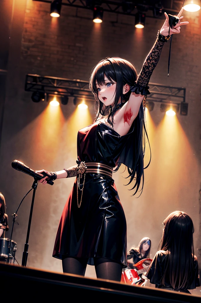 A three-woman metal band dressed in witch costumes、Arrived in Japan and held a mass at a live venue、Neck slashing pose、The intense performance was a huge success、Metal band performance、Fearless expression、Live venue lighting、The band&#39;s concept was a reaction to the witch hunts that swept through medieval Europe.、Guitar 1