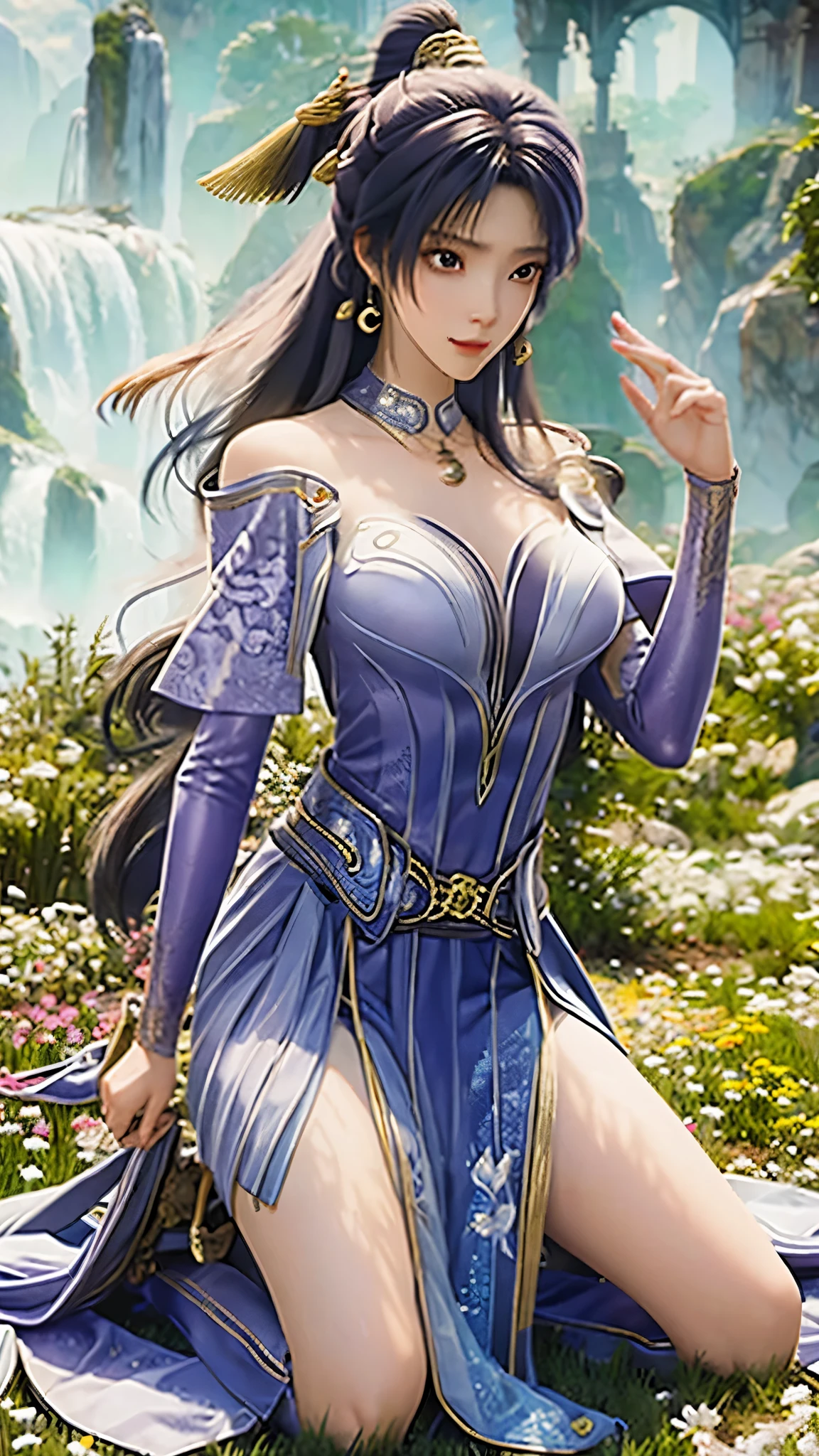 Anime woman kneeling on blanket, Concept Art：Yang Jie, CG Social Trends, Fantasy Art, Guvitz风格的艺术品, Guvitz, Smooth anime CG art, Keqing from Genshin Impact, Ruan Jia and Artgerm, Full body fairy, Flowing magic robe