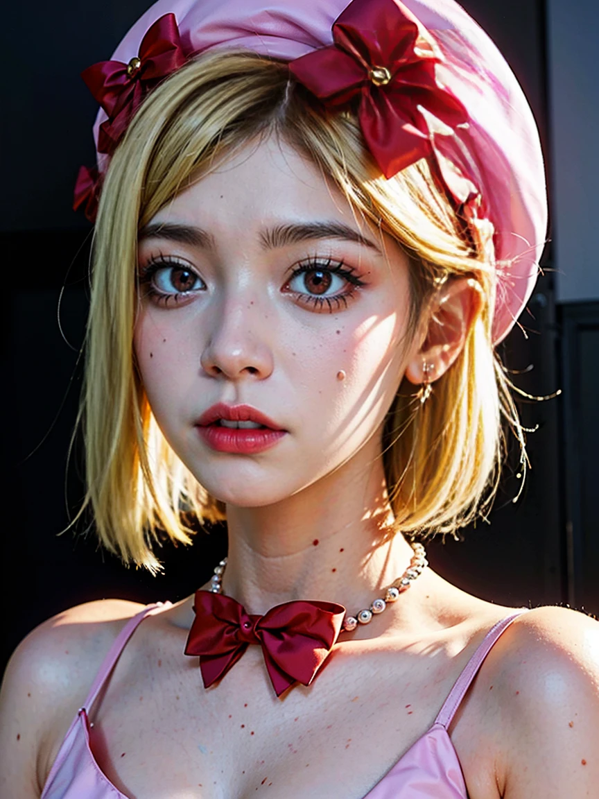 (1 lady), The beautiful, (Best quality at best:1.4), (ultra - detailed), (extremely detailed CG unified 16k), gold blonde hair, very detailed, High-definition RAW color photo, professional photoshooting, amazing face and eyes, cosmetics, (amazingly beautiful girl), ((lambdadelta, tall woman, taller)), ((dress, red bow, pink hat, necklace, gloves, pearl, pink dress)), standing, realistic cinematic face, photo portrait, upper body (shoulders to head), photorealistic, ((realistic natural blonde hair style, red eyes)), gorgeous, extremely beautiful face, perfect model beauty, pout mouth, flirting smile, cleavages, city girl, western, (masterpiece), best quality, high resolution, extremely detailed, blurred background, depth of field, cinematic lighting, clear and well-cared skin