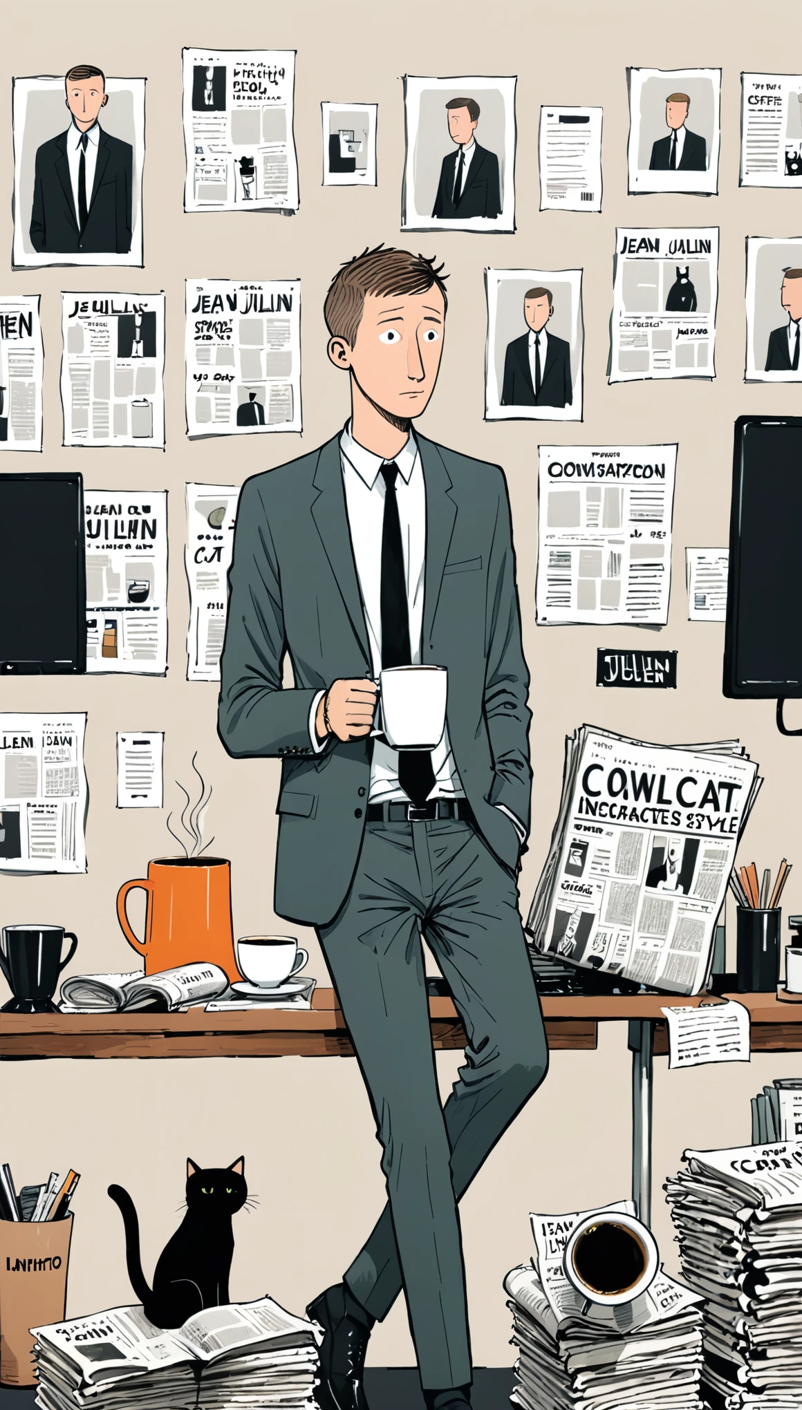 (in style of Jean Jullien:1.3),1boy,Character Design,Suit,tie,White shirt,office,coffee,newspaper,1 cat,Minimalist art style,
