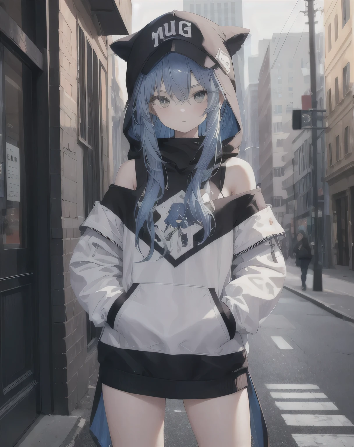 masterpiece,1 Girl,Solitary,Long hair,Blue Hair,Hoodies,Off-shoulder:1.2, Thug Hat, street,Hands on Hips, Hands in pockets,