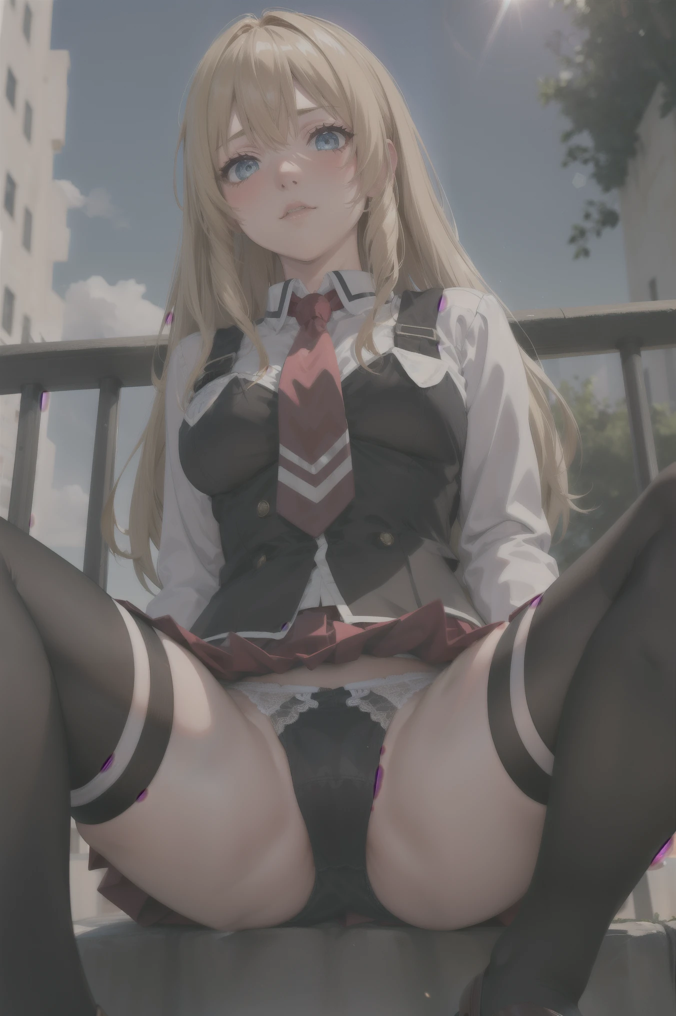 ((masterpiece, best quality)), insaneres, absurdres, solo, outdoors,
CLOTHING_BibleBlack_SchoolDress_ownwaifu, 
1girl, blonde hair,  long hair, blue eyes, 
black vest, red skirt, white undies, white shirt, collared shirt, suspenders, , black thighhighs, zettai ryouiki, necktie, long sleeves, pleated skirt, red necktie, 
(from below, sitting, spread legs)lens flare, depth of field, bokeh, embers, vanishing point, looking at viewer, showing white undies 