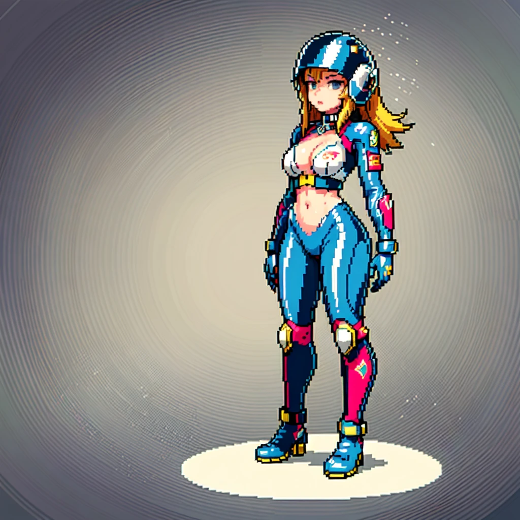 (masterpiece, top quality, best quality), pixel,pixel art,1women,small bosom,cleavage,moto gp helmet,helmet full face,full body