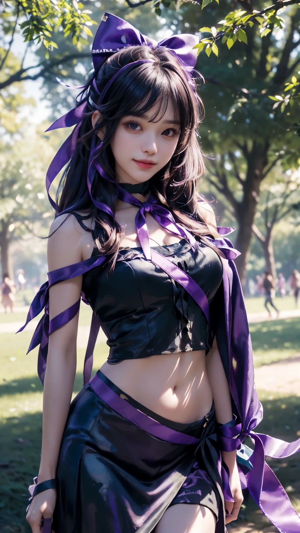 (ultra-realistic realism), (illustratio), (A high resolution), (8K), (The is very detailed), (Best Illustration), (Beautifully detailed eyes), (top-quality), (ultra - detailed), (tmasterpiece), (HD Color), 1 girl, ((24 years old girl)), (A detailed face), solo, 1 girl in, looking at viewert, finedetail, A detailed face, in the darkness nigth, deep shading, low tune, pureerosfaceace_V1, A smile, magenta shawl ,straight hair, 46-point diagonal bangs, (beautiful stomach, strips), (shining ribbon:1.5), (cropped shoulders), (in the park:1.5), lake, beautiful posing,