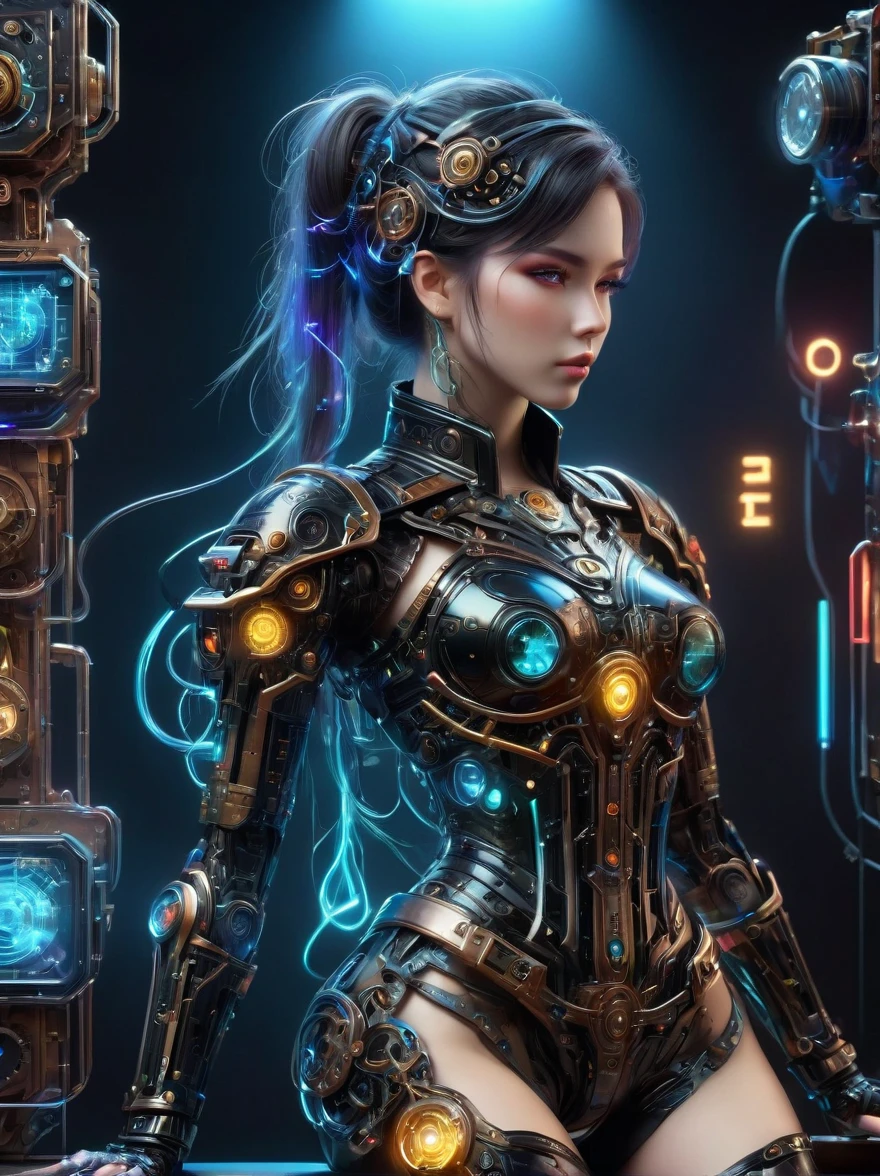 Beautiful female mecha, Translucent mech, Iridescent neon color wiring diagram and LEDs all over face and body, Photo frames and backgrounds mixed and fused with steampunk, Cyberpunk and Clockpunk, Background Analysis Room, (Full body shot), (Mechanical shoes:1.2), (Black laser stockings), Super Fine, Unbelievably ridiculous, Extremely detailed, Delicate and dynamic, Surrealism, rococo style, Cubist Futurism, Futurism, first-person view, pov, (cowboy shot:1.7), (anatomically correct), best quality, 8k, UHD, masterpiece, ccurate, textured skin, super detail, award winning, best quality