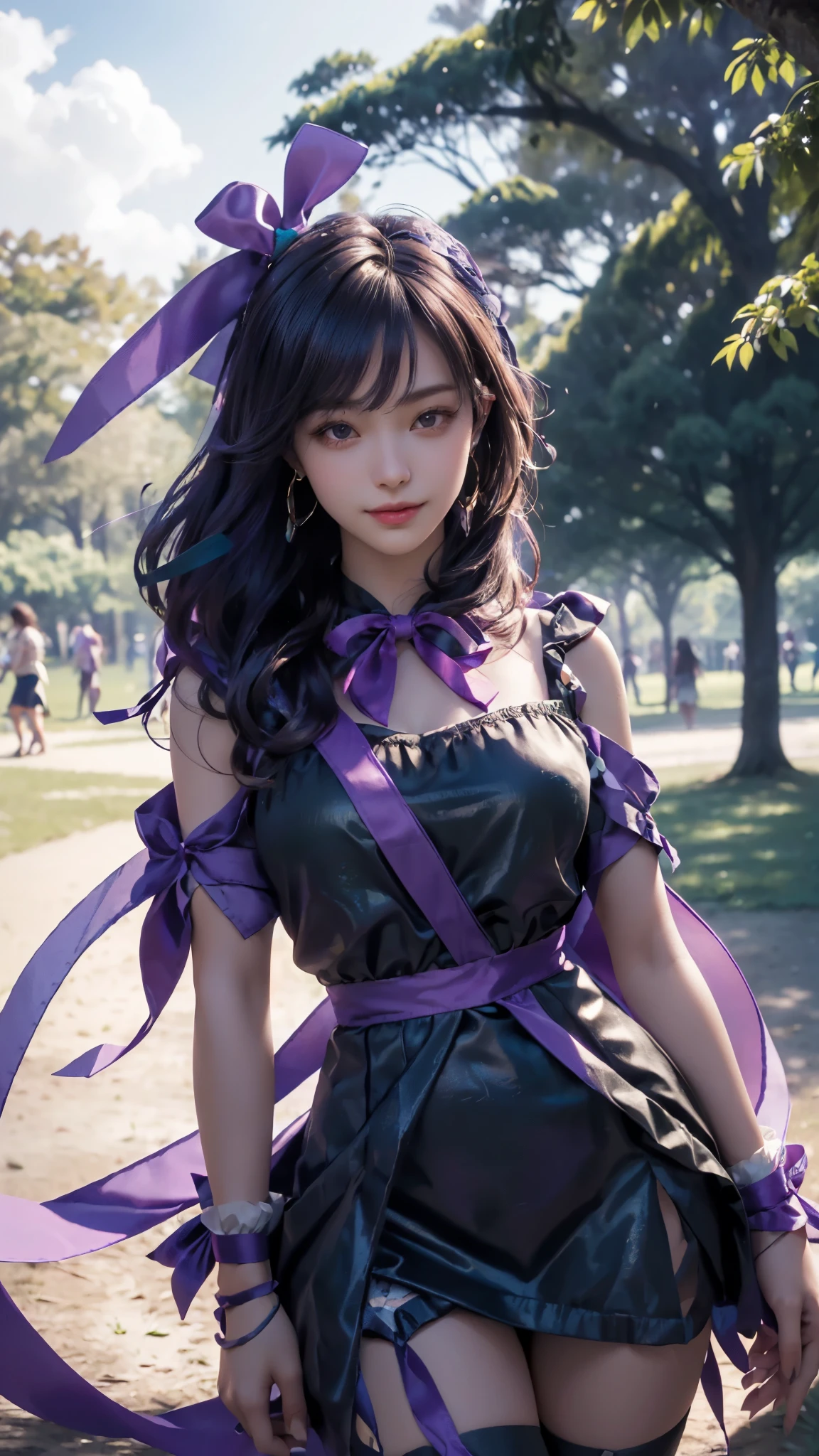 (ultra-realistic realism), (illustratio), (A high resolution), (8K), (The is very detailed), (Best Illustration), (Beautifully detailed eyes), (top-quality), (ultra - detailed), (tmasterpiece), (HD Color), 1 girl, ((24 years old girl)), (A detailed face), solo, 1 girl in, looking at viewert, finedetail, A detailed face, in the darkness nigth, deep shading, low tune, pureerosfaceace_V1, A smile, purple shawl ,straight hair, 46-point diagonal bangs, (short clothing, strips), (beautiful ribbon:1.5), (cropped shoulders), (in the park:1.5), lake,