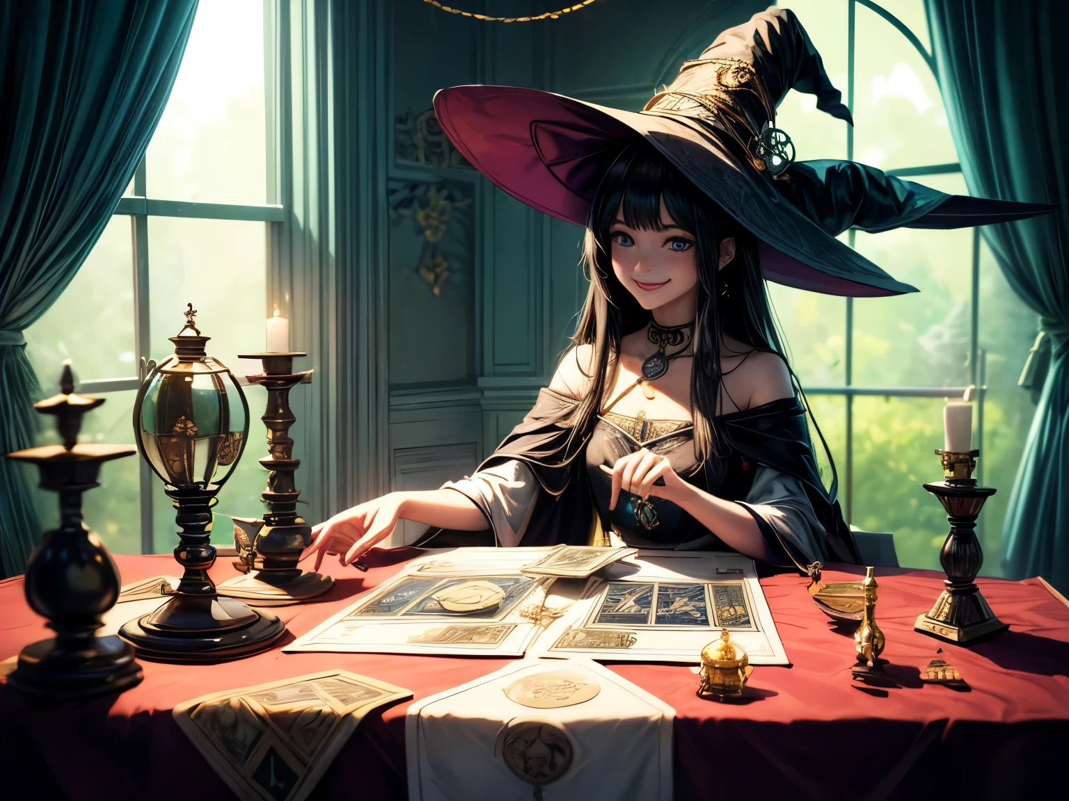 masterpiece、highest quality、Depth of written boundary、Perfect lighting、Mysterious fortune teller doing tarot reading、(((One young girl fortune teller、Cute Dresses、Witch's Pointy Hat、smile)))、かわいい***の占い師はタロットカードをsmileで眺めている、((Classic and beautiful tarot cards are laid out on the table.))、A background that evokes a soothing space、The room is decorated with colorful seasonal flowers.、Classic interior、