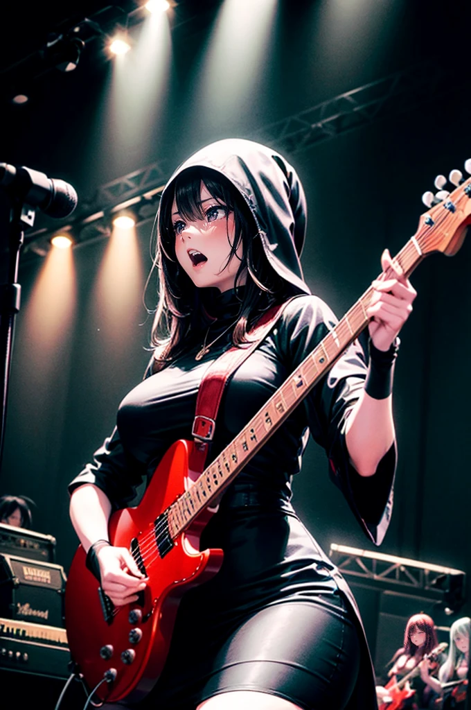 A three-woman metal band dressed in witch costumes、Arrived in Japan and held a mass at a live venue、Neck slashing pose、The intense performance was a huge success、Metal band performance、Fearless expression、Live venue lighting、The band&#39;s concept was a reaction to the witch hunts that swept through medieval Europe.、Guitar 1