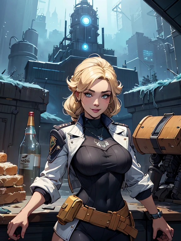Personagem mulher estilo atompunk Fallout 4 Rainha Anna de Arendelle com marcas de guerras Imagem de desenho animado de uma mulher .Ilustra??o estilo desenho animado, estilo de arte dos desenhos animados, estilo de arte dos desenhos animados, digital illustration style, estilo atompunk design de personagens altamente detalhado, arte digital detalhada coragem, Forest fan art, Design de personagens de retrato, beautiful digital illustration, retrato de alta qualidade, Arte em quadrinhos, mulher jovem cabelo com transas lindas . Queen Anna of ArendelleBeautiful lined eyes Medium large bust and wonderful sexy clothes. image expression of sexual desire from waist to head illustration Queen Anne of Arendelle atompunk style Fallout 4blonde, French braid in hair, cabelo caindo, sci-fi, metal brilhante, robot, half robot, seios grandes, seios enormes, seios enormes, guerreiro, guerreiro queen, , sorriso, Feroz sorriso, Feroz, Ouro, Ouroen, bright Ouro, futurista, ciberpunk, ciberpunk police, ciberpunk police officer, uniforme policial, Seios cobertos, fechar-se, jaqueta, noite
