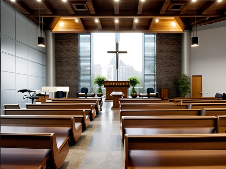 masterpiece , best quality, ((Office)),  Church interior,  indoors, window, chair, table, scenery, ceiling, ,  floor,