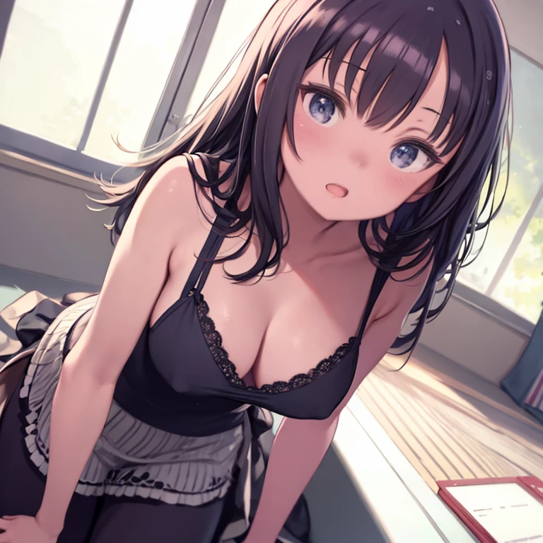 masterpiece、highest quality、High resolution、Very detailed、Close-up、Focus on the face、Medium wide shot、Girl、Big Breasts、((Leaning forward))、Looking up、Staring at the audience、Fisheye Lens、Cleavage、Open your mouth、Extreme perspective、Emphasized perspective、Yuan、YuanからCleavageが見える、