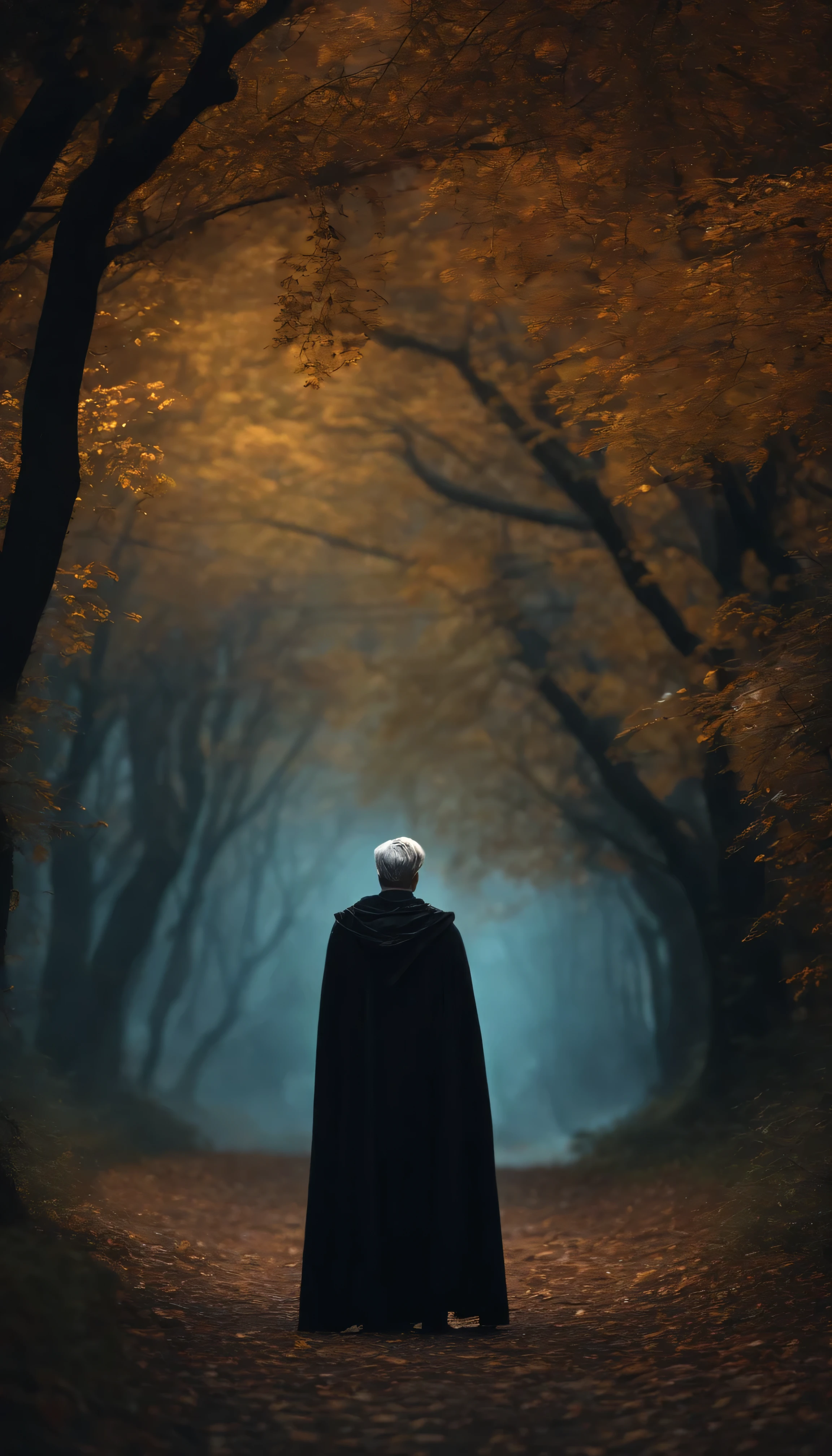 8k, a young tall male with grey short hair wizard wearing black clothes from behind casting spell from his hand in the dark medieval forest background