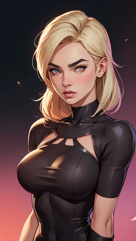 Adult woman low-cut sexy suit, open black blouse, Big bust, latin features, long blonde hair, cara angelical
