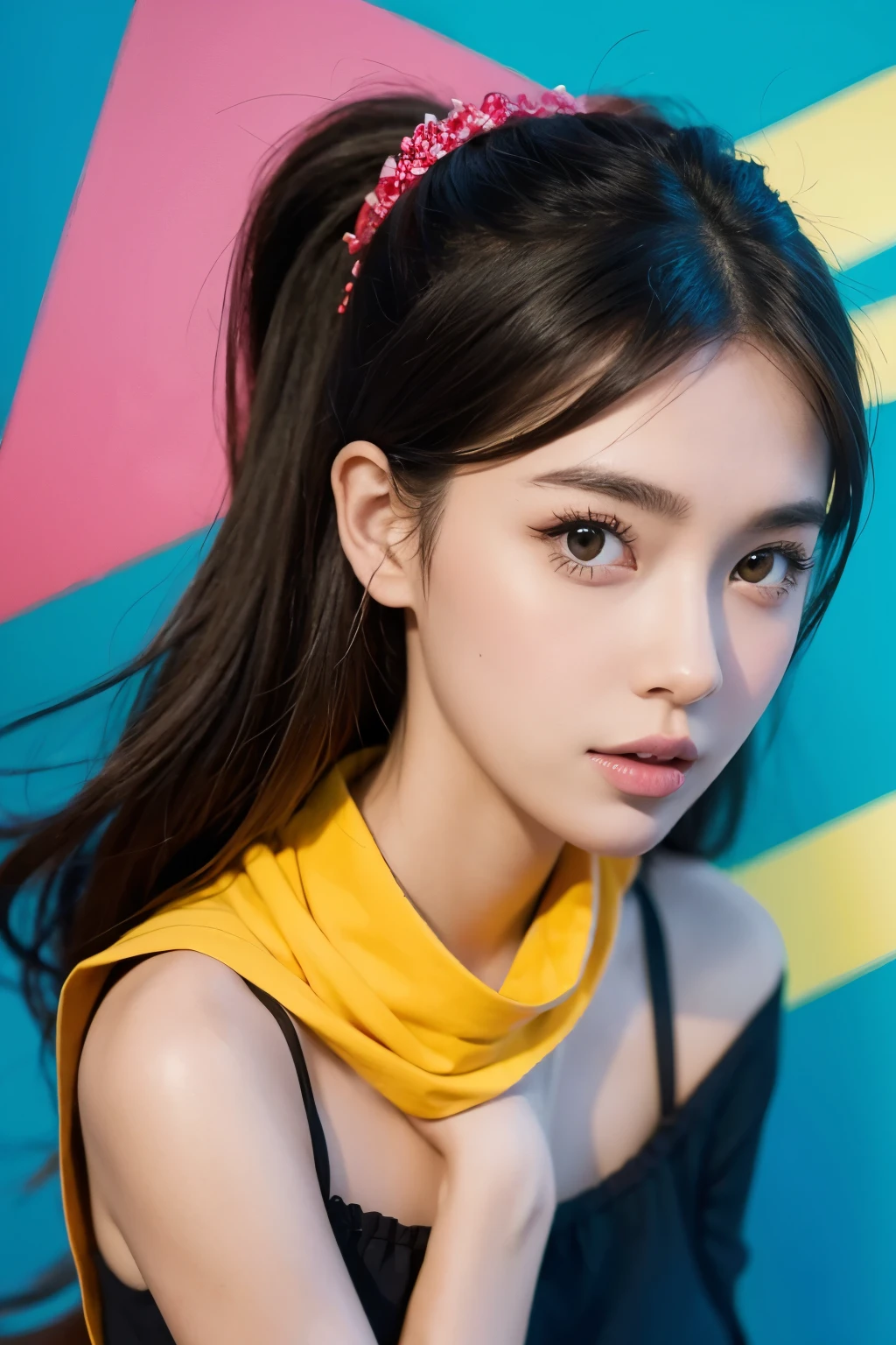 Best Quality, Ultra High Resolution, (Realism: 1.4), Depth of Field, Beautiful Face, (PureErosFace_V1: 0.8), 1girl, ((crop top)), ((hair tied)) ((jacket))