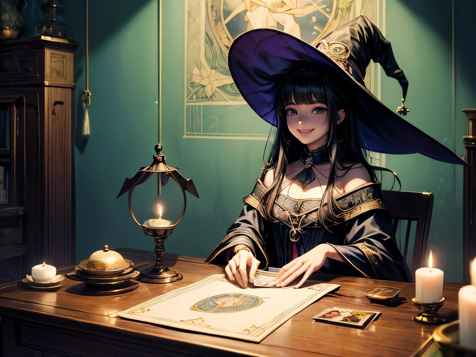 masterpiece、highest quality、Depth of written boundary、Perfect lighting、A mysterious fortune teller doing tarot readings at a table、(((One young girl fortune teller、Cute Dresses、Witch's Pointy Hat、smile)))、かわいい***の占い師はタロットカードをsmileで眺めている、((Classic and beautiful tarot cards are laid out on the table.))、A background that evokes a soothing space、The room is decorated with colorful seasonal flowers.、Classic interior、Sparkling、