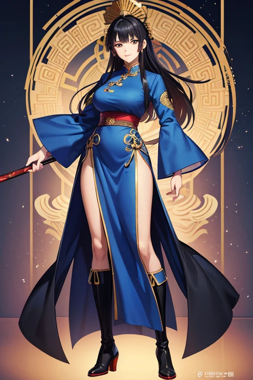 Anime Art、Full body portrait、The Three Kingdoms、A tall woman, about 180cm tall and about 45 years old, wearing a blue Chinese dress, standing upright and arrogantly、Sharp Eyes、Straight long black hair、Bossy smile、boots