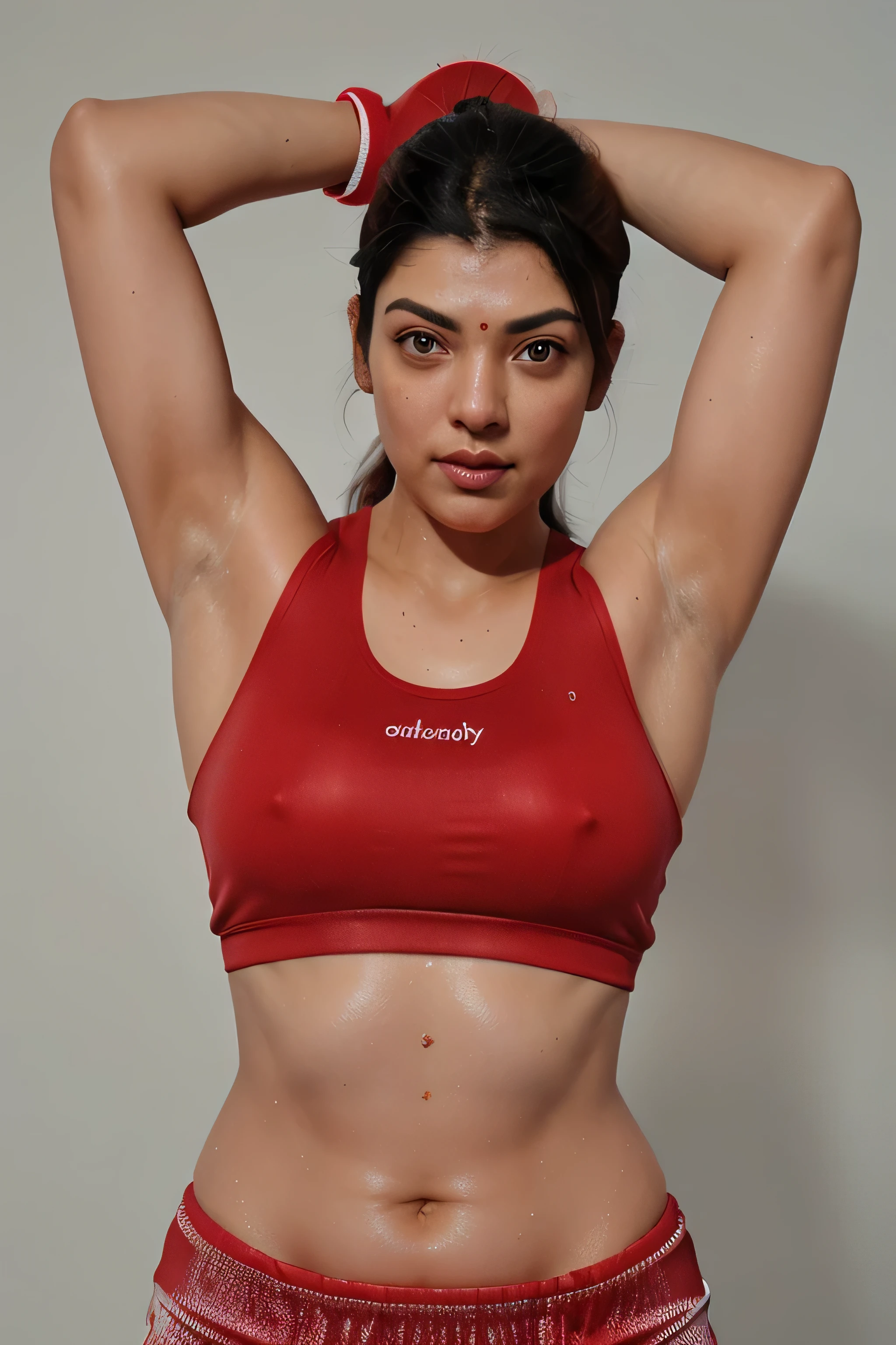 Looks like Kajal Aggarwal
,31 year old woman,slightly chubby ,studio quality ,arms up,armpits, armpits,sweat,sweaty,sweaty armpits,awesome armpits,sweating ,sleeveless,exhausted,tired,boxing gloves,red blouse, red outfit,wearing boxing gloves on both hands,arms raised,very tired,sweating,arms raised,both arms raised,sweaty,red arm warmers,red arm bands