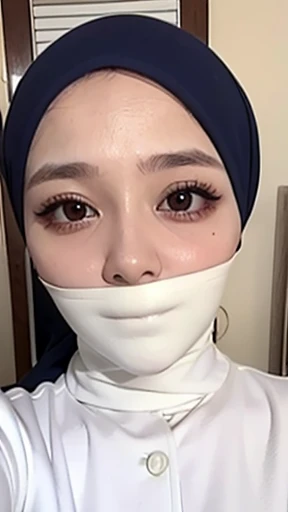 1 woman, white polo shirt , hijab, malay, black eyes, 23 year old, Best Quality, selfie
