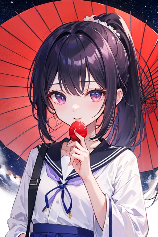 ((highest quality)), ((masterpiece)), (detailed), Perfect Face,Perfect hands, long black purple hair in a ponytail, wearing a sailor uniform、A beautiful girl holding a red snake-eye umbrella in her hand and wearing blue hakama with her jet black hair in a ponytail、A handsome man with a cool, cold look in his eyes　
背景にcherry blossoms吹雪、Night Sky　cherry blossoms
