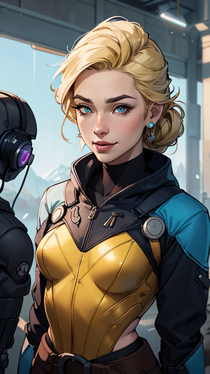 Personagem mulher estilo atompunk Fallout 4 Rainha Anna de Arendelle com marcas de guerras Imagem de desenho animado de uma mulher .Ilustra??o estilo desenho animado, estilo de arte dos desenhos animados, estilo de arte dos desenhos animados, digital illustration style, estilo atompunk design de personagens altamente detalhado, arte digital detalhada coragem, Forest fan art, Design de personagens de retrato, beautiful digital illustration, retrato de alta qualidade, Arte em quadrinhos, mulher jovem cabelo com transas lindas . Queen Anna of ArendelleBeautiful lined eyes Medium large bust and wonderful sexy clothes. image expression of sexual desire from waist to head illustration Queen Anne of Arendelle atompunk style Fallout 4blonde, French braid in hair, cabelo caindo, sci-fi, metal brilhante, robot, half robot, seios grandes, seios enormes, seios enormes, guerreiro, guerreiro queen, , sorriso, Feroz sorriso, Feroz, Ouro, Ouroen, bright Ouro, futurista, ciberpunk, ciberpunk police, ciberpunk police officer, uniforme policial, Seios cobertos, fechar-se, jaqueta, noite