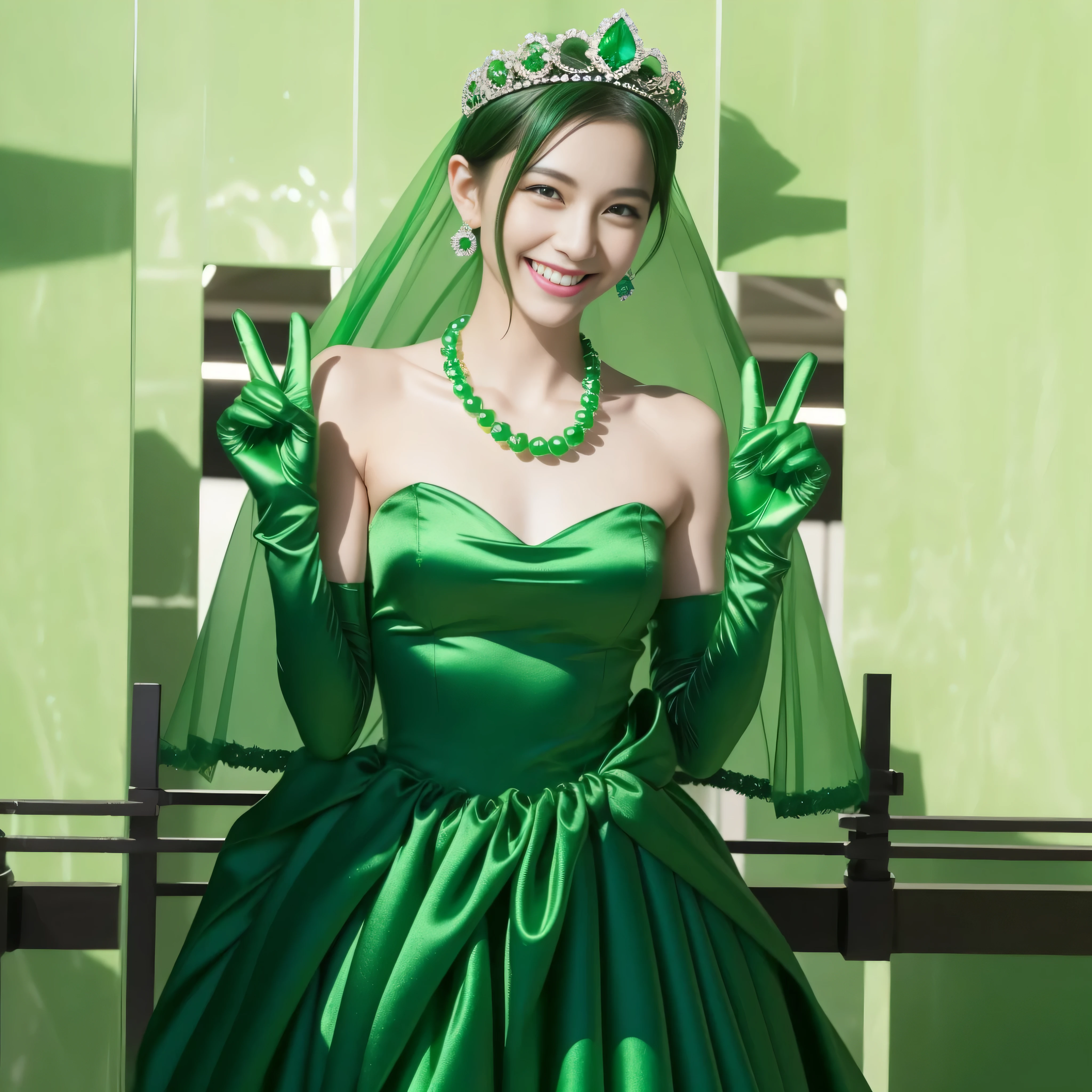 Emerald tiara, Green Pearl Necklace, Boyish very short green hair, lipstick, Smiling Japanese woman, Very short hair, Big and beautiful, Green Eyes, Long green satin gloves, Green Eyes, v sign, Emerald Earrings, Green veil