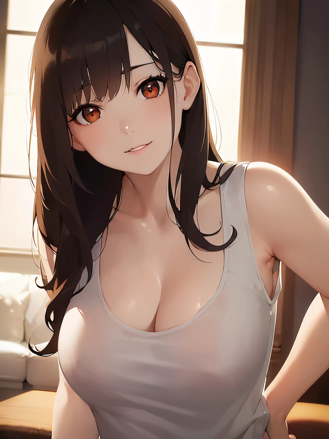 head tilt、Cleavage、Upper Body, Realistic, real person, (pale skin: 1.2), RAW photo, photorealistic, shiny skin, shiny hair、(A 25-year-old woman with medium-length hair and bangs) and (wavy hair) and (brown hair) and (orange eyes) , Wearing a white tank top 、smile, The background is the living room、Alone、Are standing