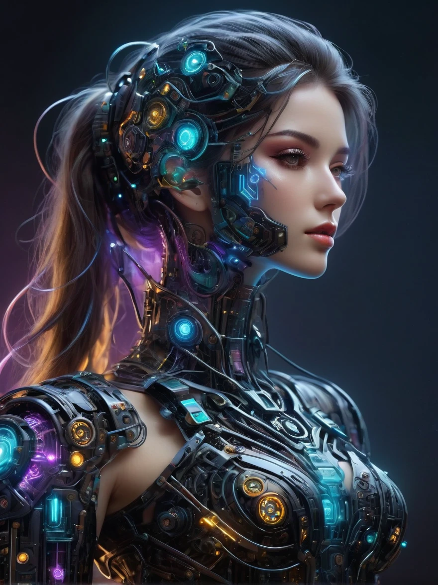 Beautiful female mecha, Translucent mech, Iridescent neon color wiring diagram and LEDs all over face and body, Photo frames and backgrounds mixed and fused with steampunk, Cyberpunk and Clockpunk, Background Analysis Room, (Full body shot), (Mechanical shoes:1.2), (Black laser stockings), Super Fine, Unbelievably ridiculous, Extremely detailed, Delicate and dynamic, Surrealism, rococo style, Cubist Futurism, Futurism, first-person view, pov, (anatomically correct), best quality, 8k, UHD, masterpiece, ccurate, textured skin, super detail, award winning, best quality