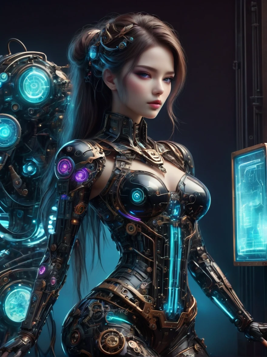 Beautiful female mecha, Translucent mech, Iridescent neon color wiring diagram and LEDs all over face and body, Photo frames and backgrounds mixed and fused with steampunk, Cyberpunk and Clockpunk, Background Analysis Room, (Full body shot), (Mechanical shoes:1.2), (Black laser stockings), Super Fine, Unbelievably ridiculous, Extremely detailed, Delicate and dynamic, Surrealism, rococo style, Cubist Futurism, Futurism, first-person view, pov, (anatomically correct), best quality, 8k, UHD, masterpiece, ccurate, textured skin, super detail, award winning, best quality