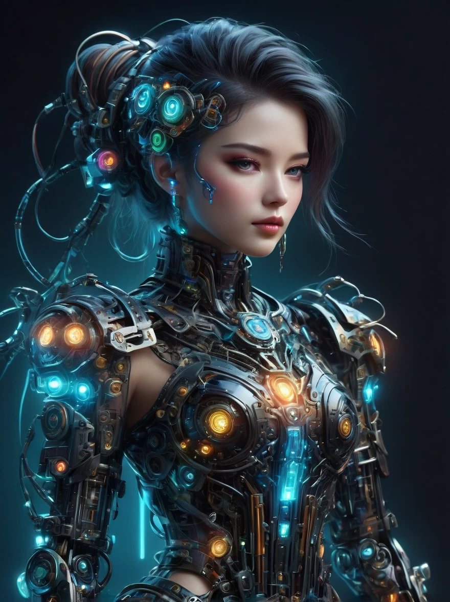 Beautiful female mecha, Translucent mech, Iridescent neon color wiring diagram and LEDs all over face and body, Photo frames and backgrounds mixed and fused with steampunk, Cyberpunk and Clockpunk, Background Analysis Room, (Full body shot), (Mechanical shoes:1.2), (Black laser stockings), Super Fine, Unbelievably ridiculous, Extremely detailed, Delicate and dynamic, Surrealism, rococo style, Cubist Futurism, Futurism, first-person view, pov, (anatomically correct), best quality, 8k, UHD, masterpiece, ccurate, textured skin, super detail, award winning, best quality