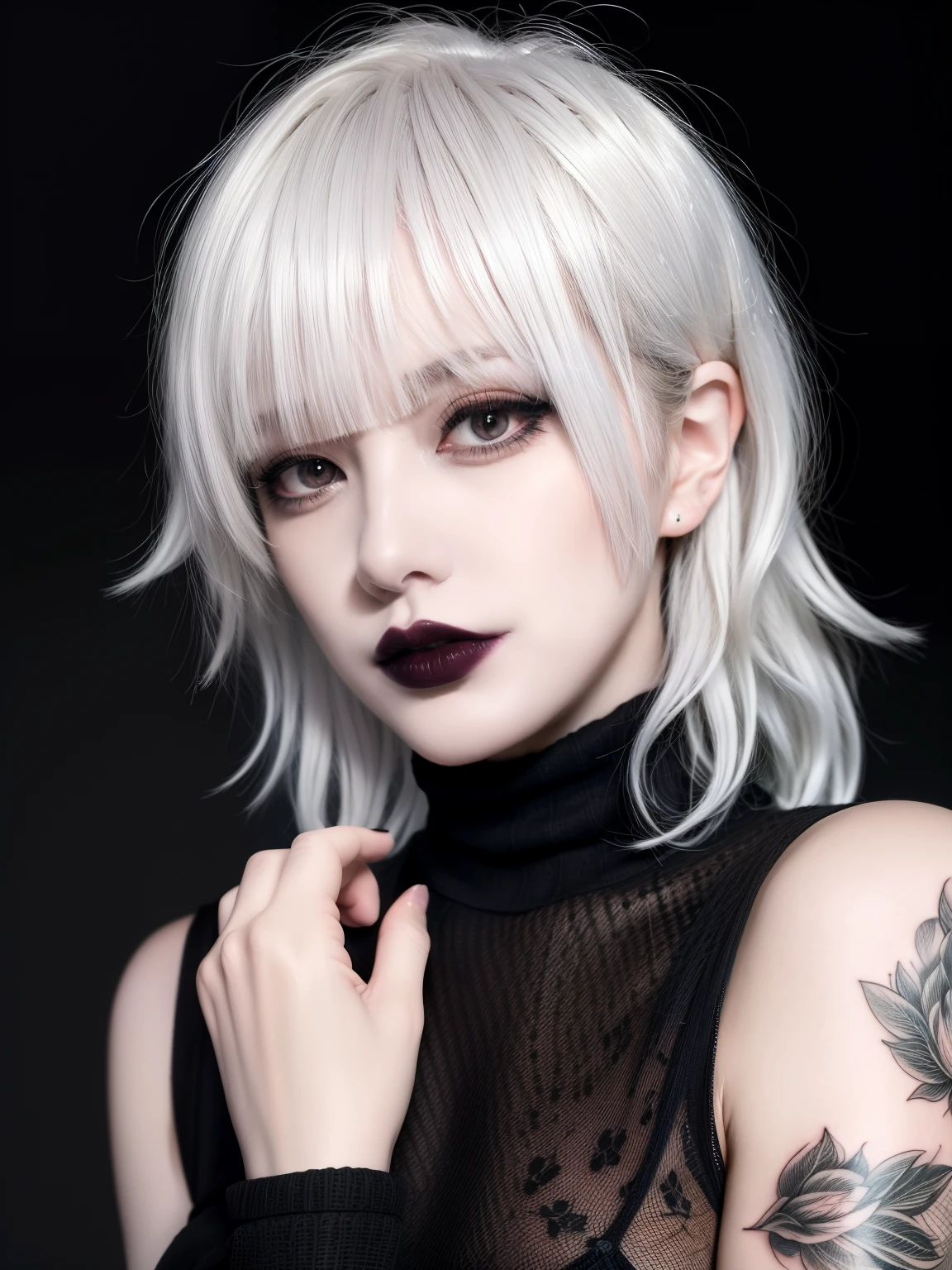 Best quality, masterpiece, super high resolution, (realism: 1.4), tattoos, white curly hair, short hair, pale skin, bedhead, goth, happy, wispy bangs, black turtleneck, black lipstick, white hair