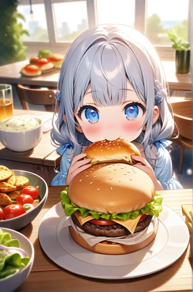 masterpiece, best quality, extremely detailed, (illustration, official art:1.1), 1 girl ,(((( light blue long hair)))), light blue hair, ,10 years old, long hair ((blush)) , cute face, big eyes, masterpiece, best quality,(((((a very delicate and beautiful girl))))),Amazing,beautiful detailed eyes,blunt bangs((((little delicate girl)))),tareme(true beautiful:1.2), ,,, affectionate smile,(Best Quality,hight resolution,Ultra-detailed),Eating a hamburger, Silver hair, Blue eyes, Hamburger, cup, lettuce, fruits, tomatoes, onion, bowl, Bokeh background, food, closeup at the food, still-life, Blurred, depth of fields, Verdure, cheese