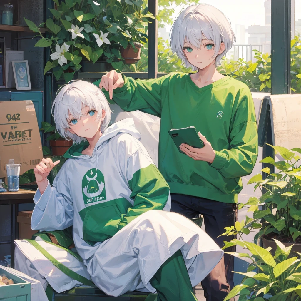Soft boy with twenty years old,white shortcut hair,green sleepy eyes ,soft smile,sweatshirt