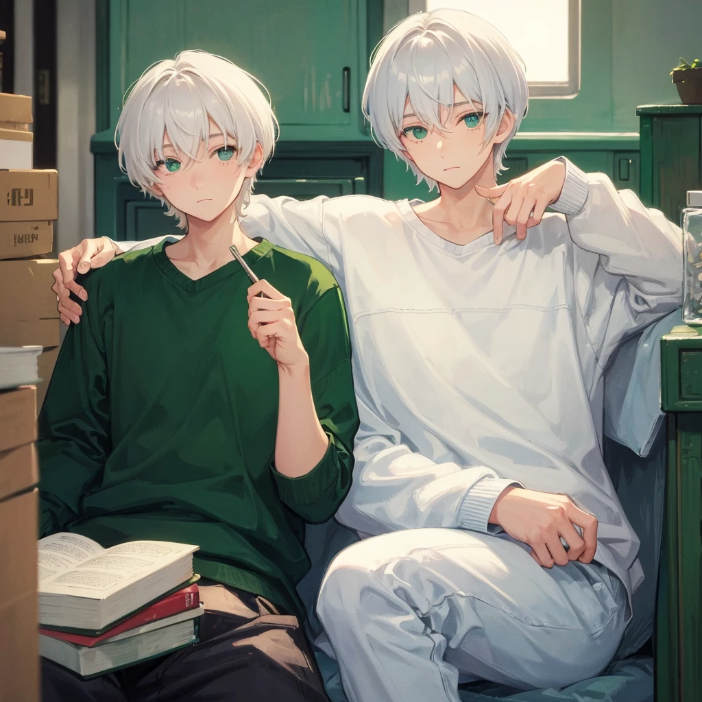 Soft boy with twenty years old,white shortcut hair,green sleepy eyes ,soft smile,sweatshirt 