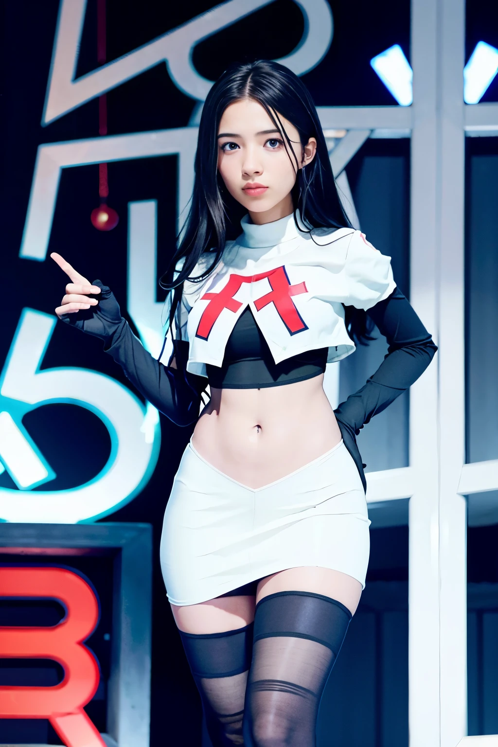 strawberrytabbyy, a woman wearing team rocket,team rocket uniform,white skirt,red letter R,crop top,black thigh-highs,black elbow gloves,