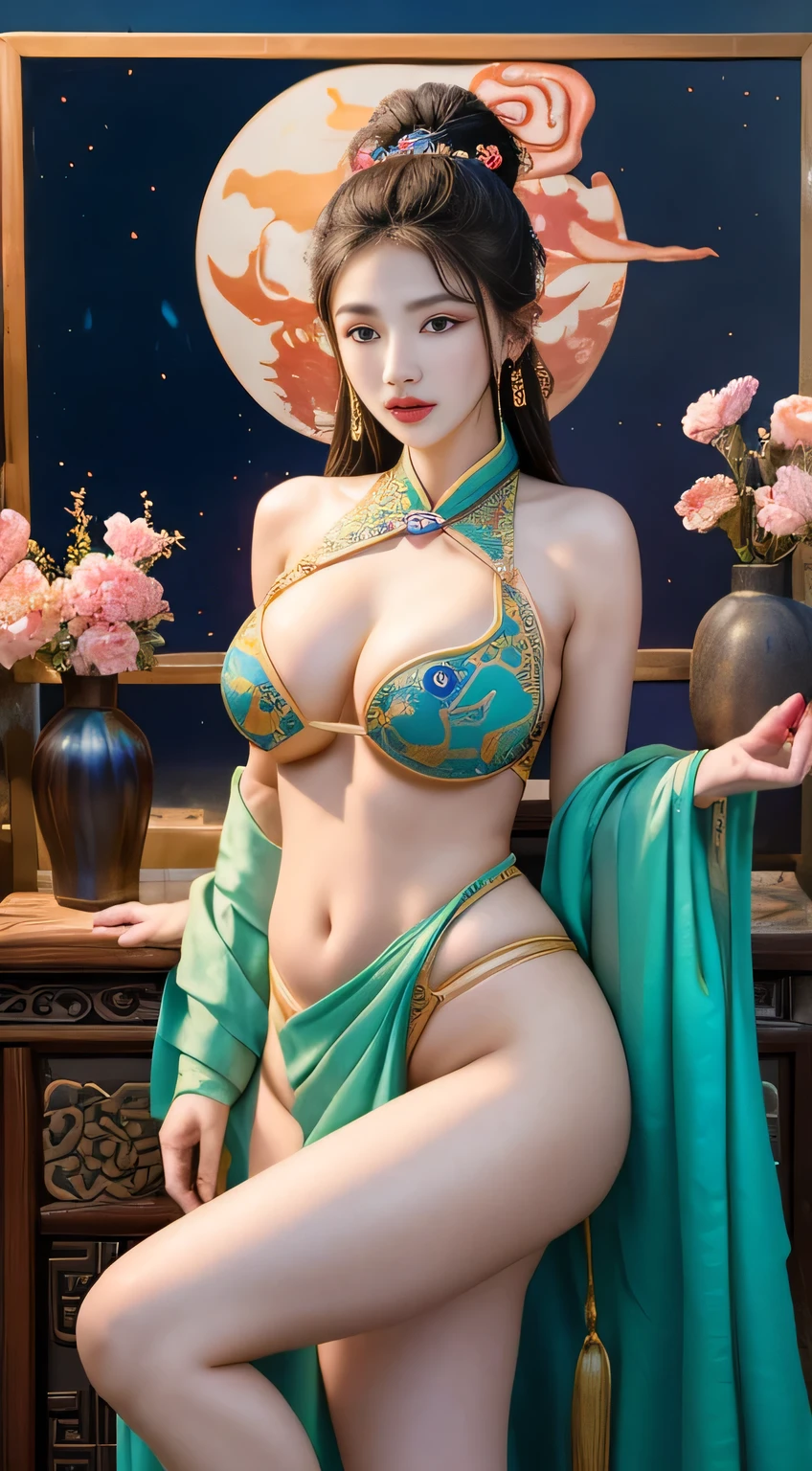 A beautiful woman from ancient China dressed in a gorgeous outfit with intricate embroidery, Colorful strings are wrapped around the arms., Flowing, Showing your belly button, Exposing shoulders, Open neck and buns, Flower Hairpin, Armband tied with decorative cord, bracelet, anklet , Metal chain tassel around the waist, Alluring、sexy、Eros、Beautiful Face、Detailed and perfect face、Perfect proportions、Big Tits、Narrow waist、navel、Crotch gap、Big Ass、Thighs、Dynamic Pose、Art of Mogao Grottoes, Inspiration for the Dunhuang Flying Celestial Woman Mural, Ink painting, cgstation,  Popularity、