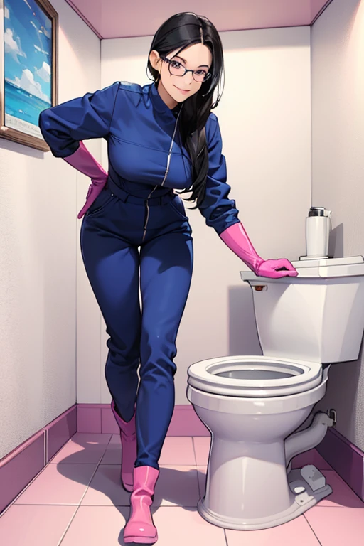 A mature woman with black hair and glasses wearing a blue long-sleeved jumpsuit, pink long rubber gloves and white rubber boots, cleaning a toilet with a gentle smile  