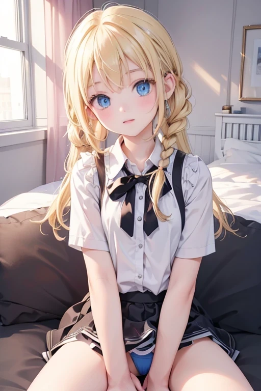 (8k, highest quality, Tabletop:1.2)、Ultra-high resolution、One -yeld gi Detailed face、blue eyes, Blonde, Braid, Blue Panties, White blouse, Black vest, Western-style room, futon, Lie down with your legs outstretched