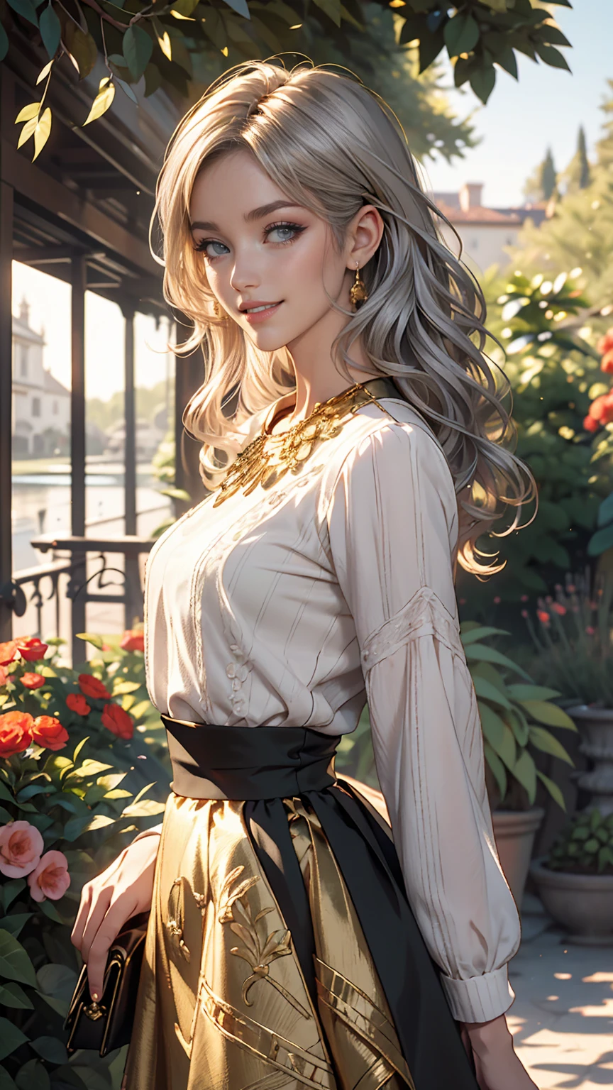 Claude Monet 、The Garden of Saint-Adresse、Dark green gold woven classical jumper skirt、Long Length、White woman、Silver Hair、blue eyes、Wavy hair、Smile