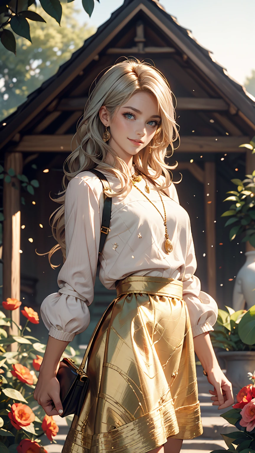 Claude Monet 、The Garden of Saint-Adresse、Dark green gold woven classical jumper skirt、Long Length、White woman、Silver Hair、blue eyes、Wavy hair、Smile