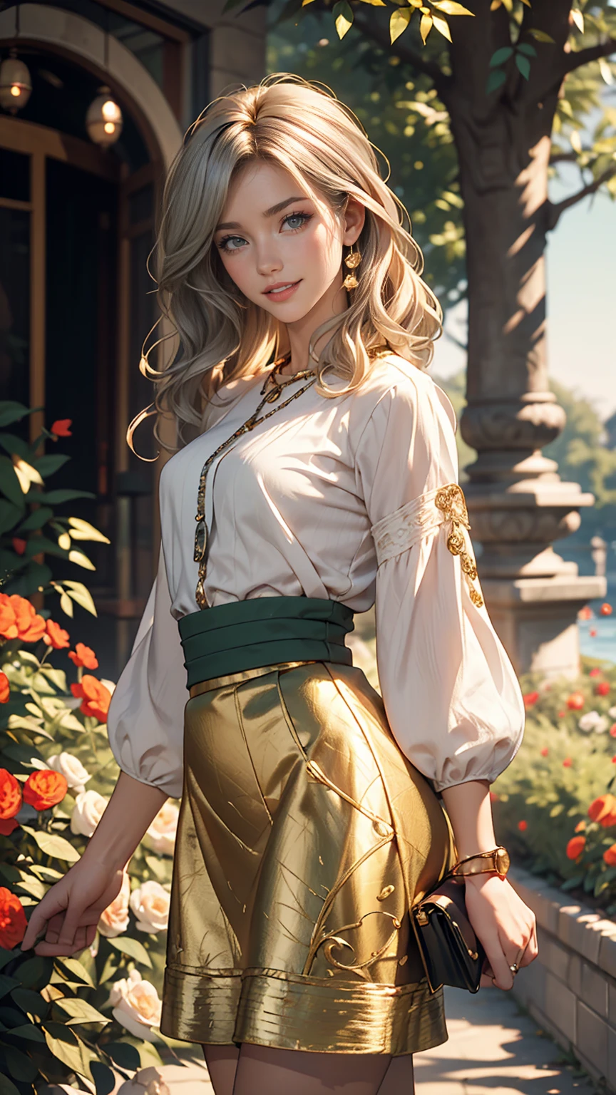 Claude Monet 、The Garden of Saint-Adresse、Dark green gold woven classical jumper skirt、Long Length、White woman、Silver Hair、blue eyes、Wavy hair、Smile