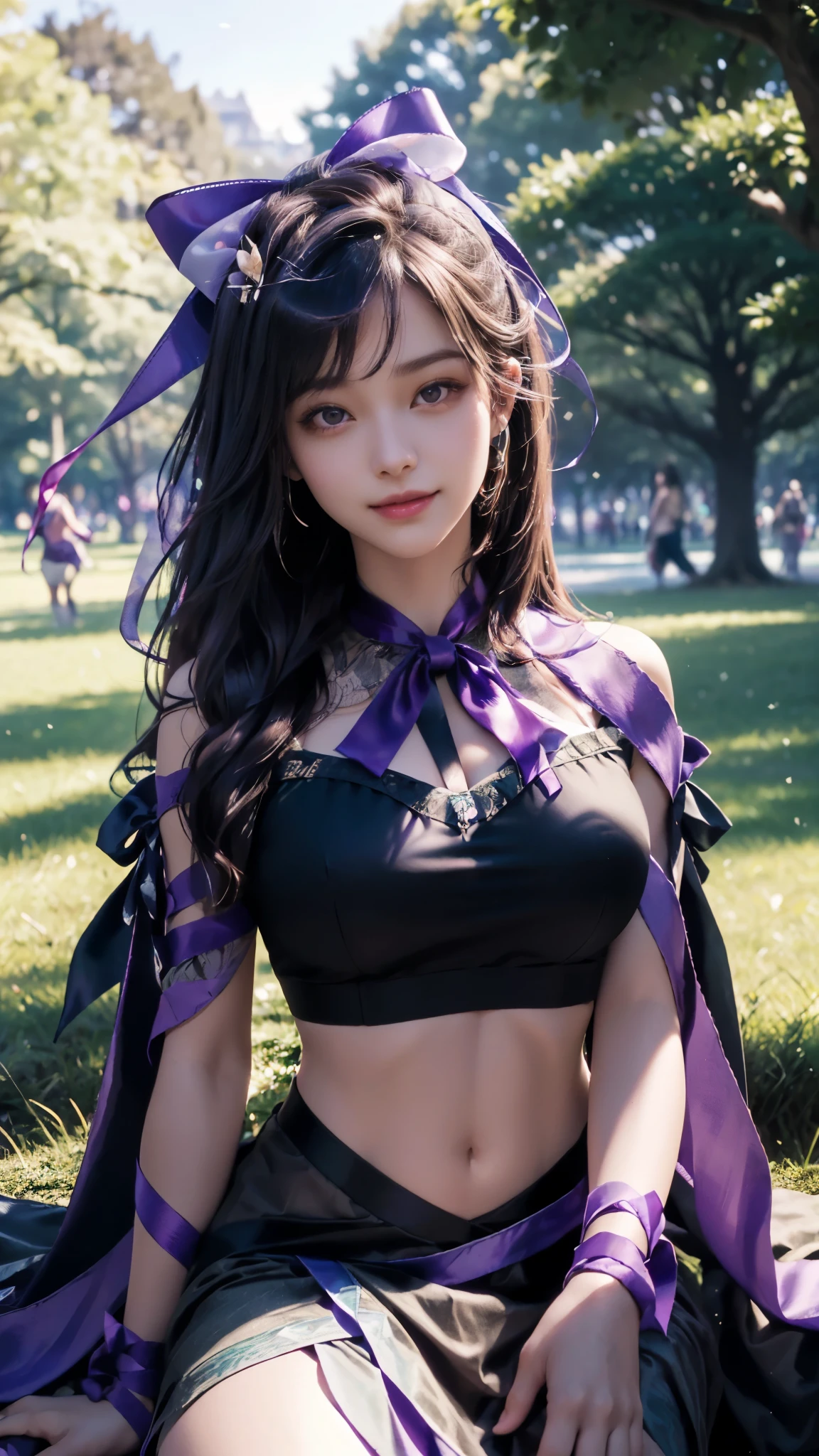 (ultra-realistic realism), (illustratio), (A high resolution), (8K), (The is very detailed), (Best Illustration), (Beautifully detailed eyes), (top-quality), (ultra - detailed), (tmasterpiece), (HD Color), 1 girl, ((24 years old girl)), (A detailed face), solo, 1 girl in, looking at viewert, finedetail, A detailed face, in the darkness nigth, deep shading, low tune, pureerosfaceace_V1, A smile, purple shawl ,straight hair, 46-point diagonal bangs, (beautiful stomach, strips), (beautiful ribbon:1.5), (cropped shoulders), (in the park:1.5), lake, sitting,